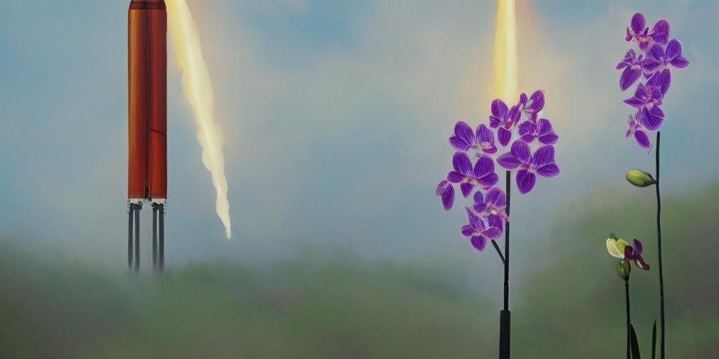a painting of a rocket comes out of an orchid blossom
