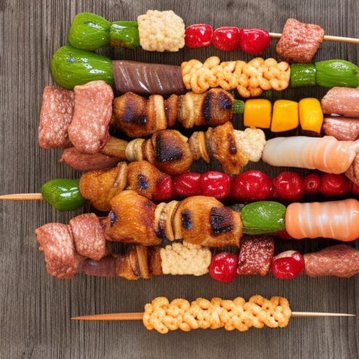 Create an artwork featuring various skewered meat snacks