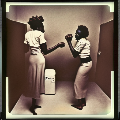 A vintage Polaroid photograph of two African women fighting in a cheap apartment by Andy Warhol. Light leaks. Published in Paris Review.  Photorealistic.