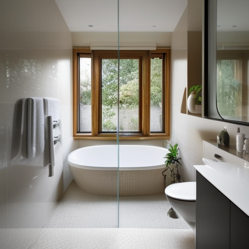 bathroom, interior design, ceramic floor, small high window, essential bath tools, realsitc, modern
