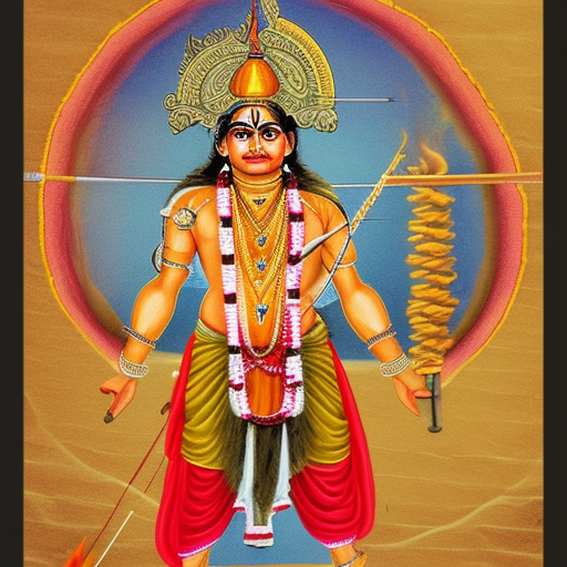 shree ram chandra or god ram from ramayan  in a traditioin hindu dhoti, with a detailed longbow, with brahmastra arrow, loaded on the longbow, aiming at demon lord ravan from ramayan  , God Ram in battle with Ravan ,  fire flames character burning in red fire, orange fire , yellow fire flames, 