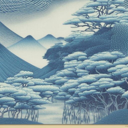 amanda sage pen blue Japanese landscape High quality engraving 