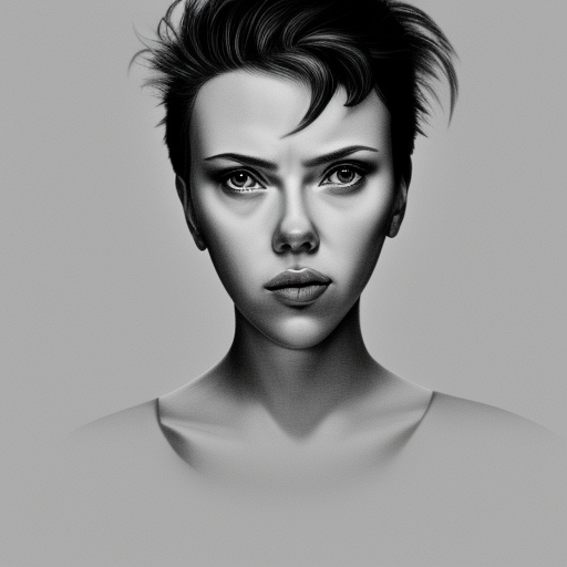realistic scarlett johansson character from ghost in the shell black and white pencil illustration high quality ultra-realistic portrait cinematic lighting 80mm lens, 8k, photography bokeh