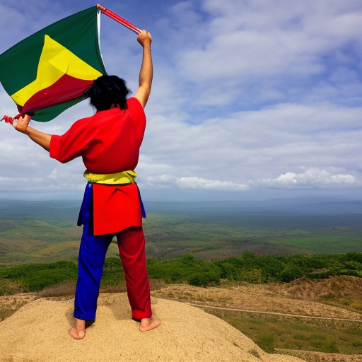 angry samurai clown with the flag of ecuador in his hand standing on a hill
