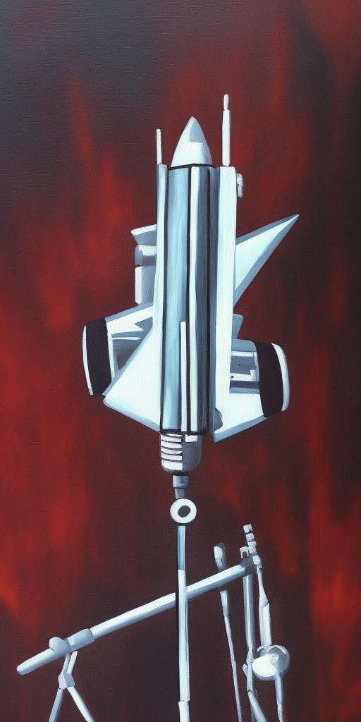 a oil painting of Rocket Guitar Keyboard Synthesizer Microphone