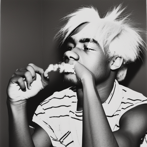 African American male with blonde hair smoking weed in cheap apartment by Andy Warhol. Photorealistic. Film grain. Full color