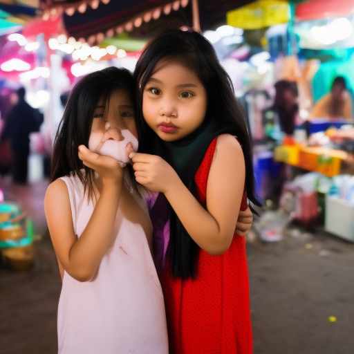 two sisters melayu girl kissing in night market 