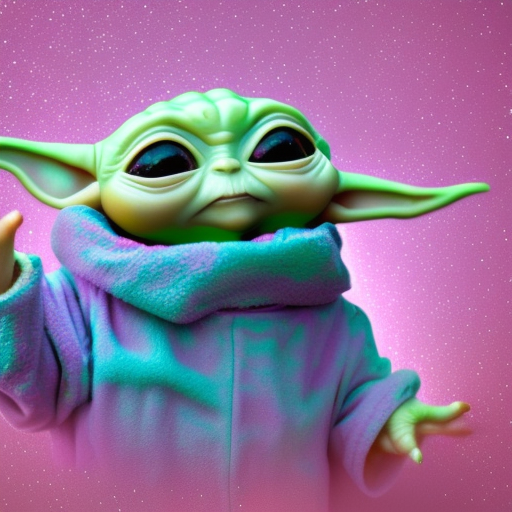 baby yoda surrounded by teal pink and purple bubbles, 4k hdr