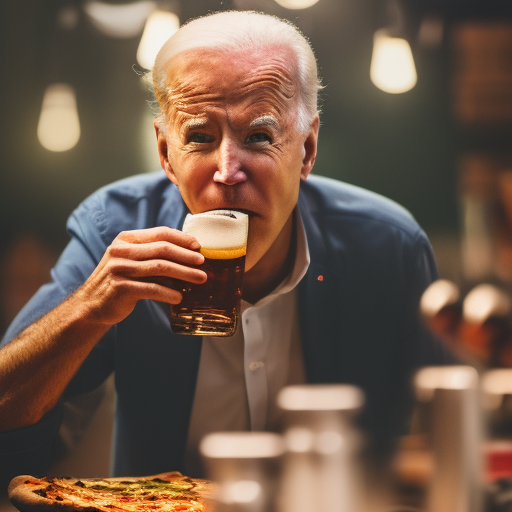 Biden drinking beer and eateing pizza ultra-realistic portrait cinematic lighting 80mm lens, 8k, photography bokeh