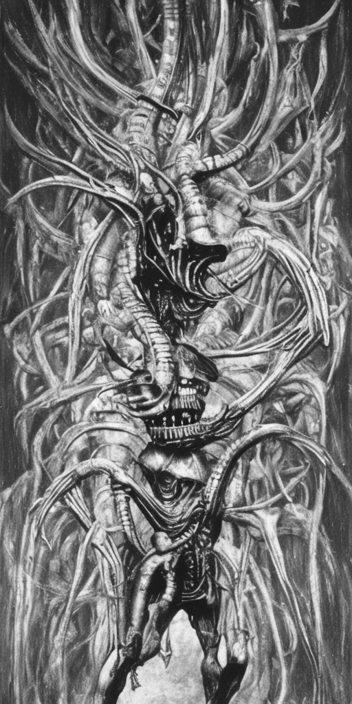 a H.R. Giger of Run, keep running, keep breathing, keep breathing! If we're honest: He doesn't appear like that anymore, he lets us perform, uses us as figures who, without having to show himself, are supposed to show his strength, greatness after carrion.