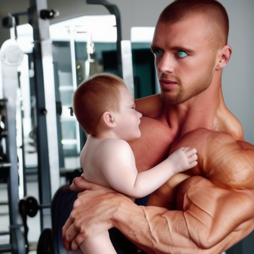 bodybuilder model, blue eyed, huge muscles, veiny arms. huge breast, ((model face)) possing with her son