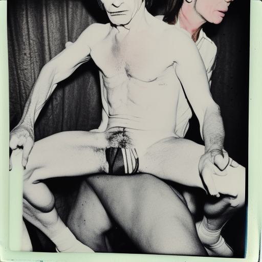 long shot, Joe Dallesandro  in white button down shirt and Holly Woodlawn at party in downtown loft, anatomically correct, vintage polaroid photography by andy warhol, in the style of Daisuke Yokota