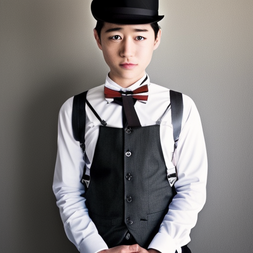 suspenders, solo, hat, bowtie, 1boy, bow, male_focus, shirt, black_hair, white_shirt, cabbie_hat, korean, realistic