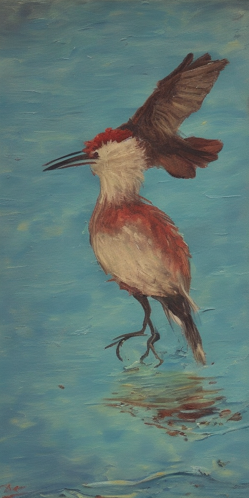 a painting of A bird's corpse in the water