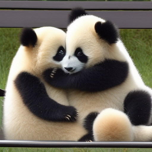 two little pandas hugging on the bench cartoon like