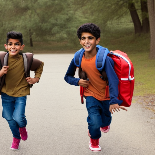 Two brown boys running to the side with duffle bags 