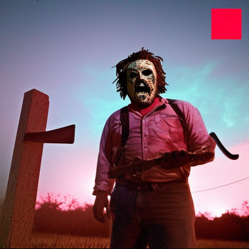 Create an image that captures the chilling atmosphere of the film 'The Texas Chainsaw Massacre' directed by Tobe Hooper. Imagine a vibrant and intense landscape with a fluorescent pink sky. In the center of the image, prominently depict Leatherface, the iconic character from the 1970s, wearing his distinctive mask. Ensure that Leatherface is clearly visible, holding the menacing McCulloch chainsaw in his hand. Showcase the vintage design and distinctive features of the McCulloch model. Use bright and flashy colors, including shades of fluorescent pink, to enhance the intensity and terror of the scene. Skillfully combine these elements to evoke fear and horror while staying true to the essence of 'The Texas Chainsaw Massacre' and Tobe Hooper's vision.