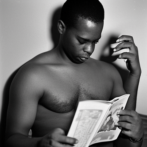 Long shot, Shirtless African American male reading magazine in old motel room, early 2000s, flash photography, polaroid—-6745759