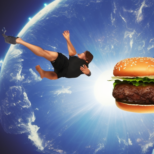 Man flying in space with burger in hand 