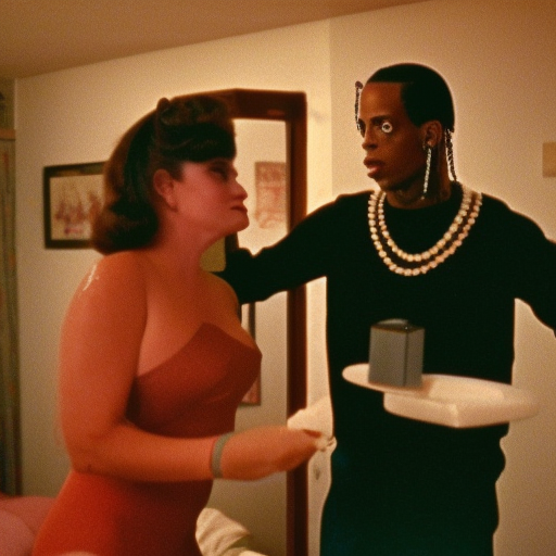 bored housewife meets travis Scott in a seedy motel room, 1982 color Fellini film, ugly motel room with dirty walls and old furniture, archival footage, technicolor film, 16mm, live action, John Waters, wacky comedy