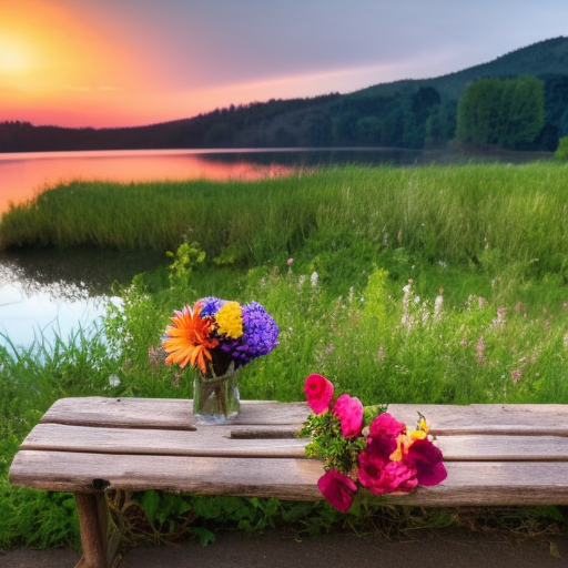 old wooden bench with bouquet of flowers in the foreground, in the background lake in the valley and mystical sunset