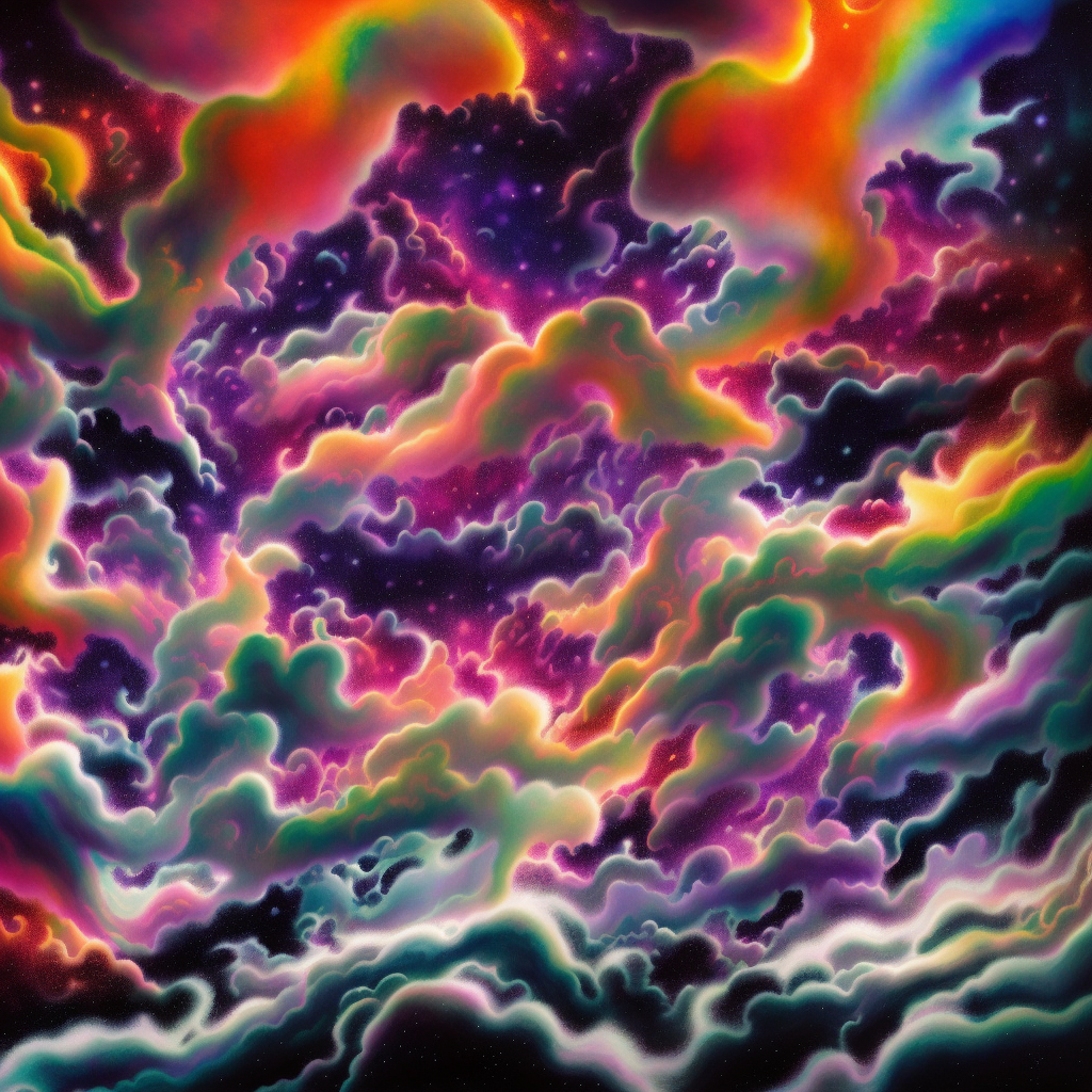 A Fantasy Land, Chaotic landscape of distorted shapes, shimmering hues of the colour spectrum, turmoil and swirling clouds of nebula, depicting a dark and gruesome scenery. 