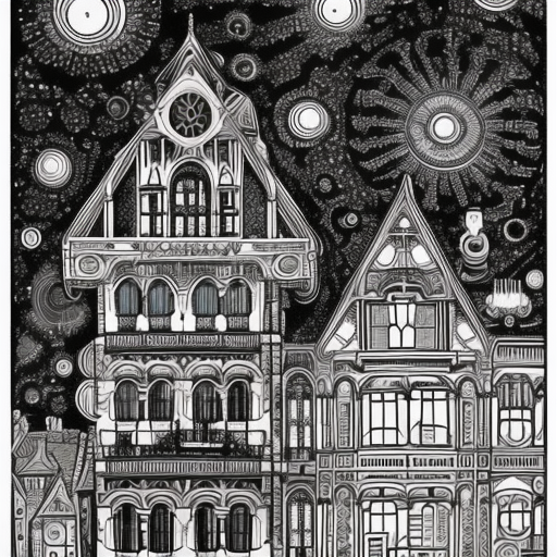Create a sci-fi Victorian cityscape inspired by Louis Wain's artwork from 1920, using the golden ratio as a guide for the composition. Use sharp linework and clean strokes to create sharp edges and emphasize the geometric elements of the scene. Keep the colors flat and use cell shading, inspired by the style of Moebius and Jean Giraud, to give the image a graphic, comic-book-like quality.