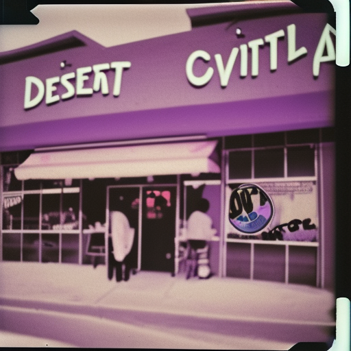 low angle wide shot of desert city Night Vale pizzeria, with blurred figures in dark hoodies, in the lilac sunset, lomography, polaroid photo, by Warhol