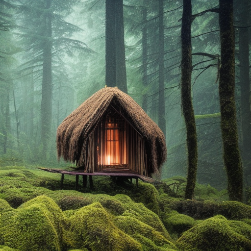 A forest full of trees and moss, the scene contains a singular hut with a strange figure standing nearby, Photography, dark, intricate cube, Bleda, Elsa