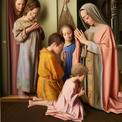 hyperrealist highly detailed painting of a family of four, praying and kneeling at home, holding the rosary in their hands, facing a crucifix, modern clothing,  Classical oil painting, extremely detailed, realistic oil paint texture,