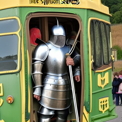 medieval knight on green school bus