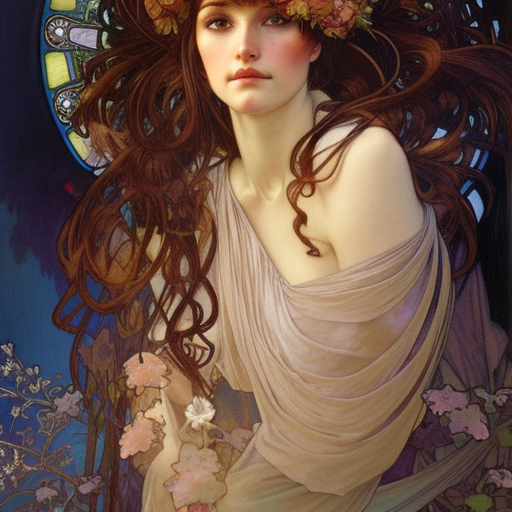 realistic detailed face portrait of Violet Mcgraw by Alphonse Mucha, Ayami Kojima, Amano, Charlie Bowater, Karol Bak, Greg Hildebrandt, Jean Delville, and Mark Brooks, Art Nouveau, Neo-Gothic, gothic, rich deep moody colors