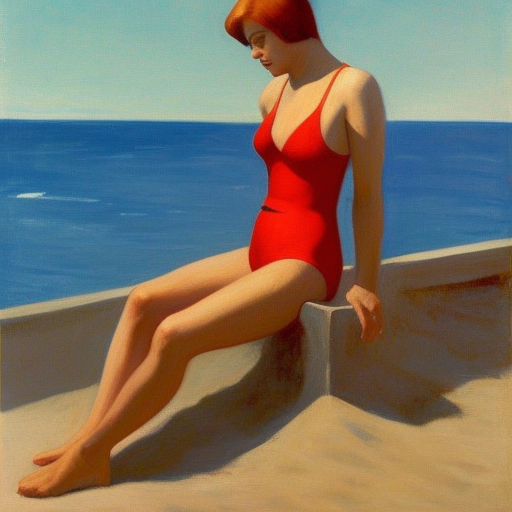 sexy goddess in a swimsuit at the beach, realistic, edward hopper

