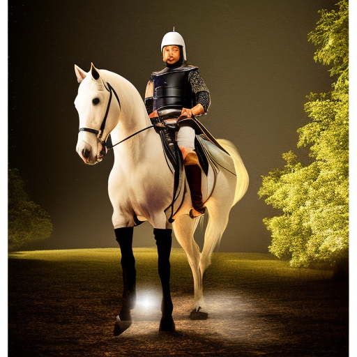  man traveling to another dimension on a white horse with a sword in hand, and golden clothing ultra-realistic portrait cinematic lighting 80mm lens, 8k, photography bokeh