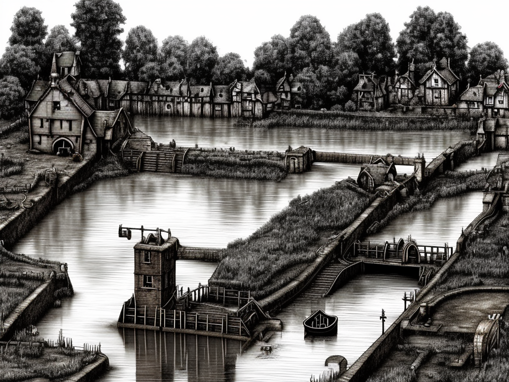 Dark medieval wide big river lock with two sluices, water levels, lock gates, one house, rocks, Warhammer fantasy, summer, bushes, trees, nets, fishing, fish, water-lily, boat, poor, black adder, muddy, puddles, misty, overcast, Dark, creepy, grim-dark, gritty, detailed, realistic, illustration, high definition