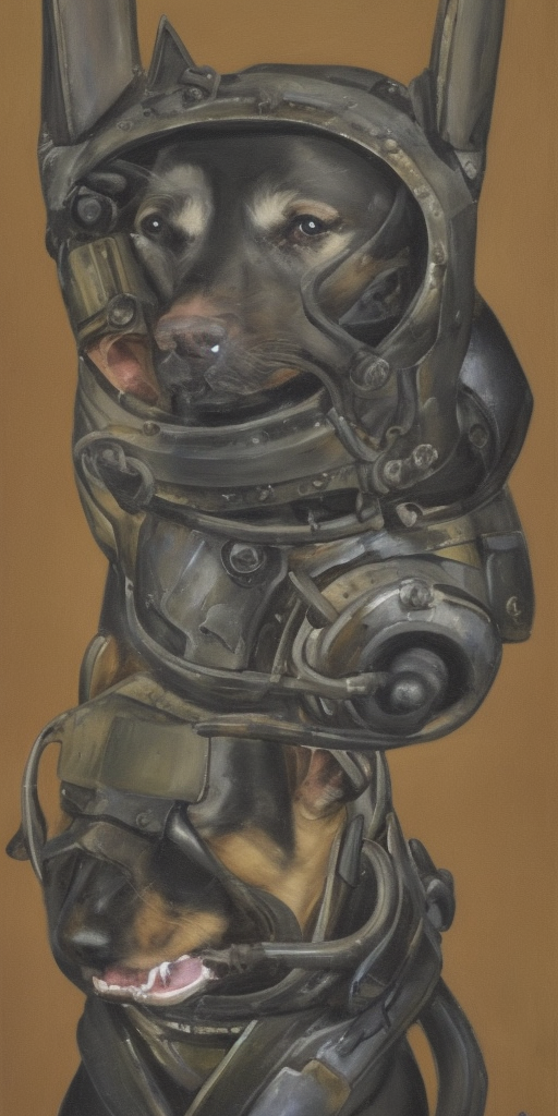 a oil painting of Think of someone else: Cerberus, that could be a good dog, a dog that is sometimes a bit much, but a good dog, that could be him. 

Think of me: tanks, sword, war culture – all the shit that beckons me to run around fully armored.
