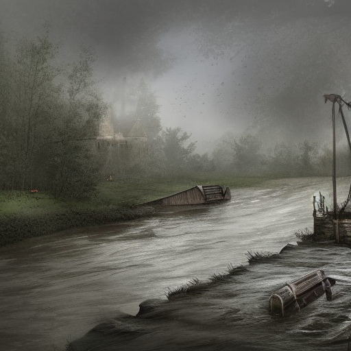 dark medieval straight wide river, rocky rapids, river lock with two sluices between island and shore, two water levels, Warhammer fantasy, house, summer, trees, fishing, nets, black adder, muddy, misty, overcast, Dark, creepy, grim-dark, gritty, hyperdetailed, realistic, illustration, high definition