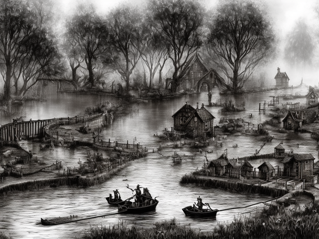 dark medieval wide straight river, Warhammer fantasy, lock with 2 sluices, 2 water levels, lock gates, one house, rocks, summer, trees, nets, fishing, fish, water-lily, boat, poor, black adder, muddy, puddles, misty, overcast, Dark, creepy, grim-dark, gritty, detailed, realistic, illustration, high definition