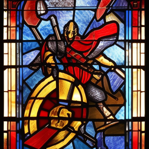 triumphant young evil gladiator beating good gladiator, Path of Exile, Warhammer fantasy, black and red, gold and blue, stained glass, grim-dark, gritty