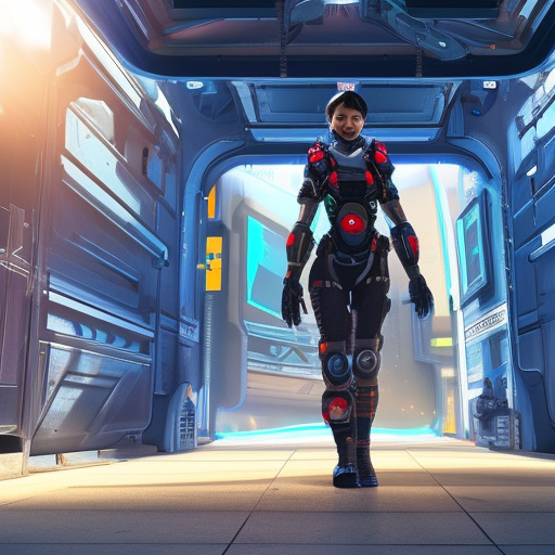 sci fi container from apex legends pleasant urban setting with a cyber girl standing in front of a futuristic motorcycle, art station, ultra hd, soft light, overhead sun, ultra hd