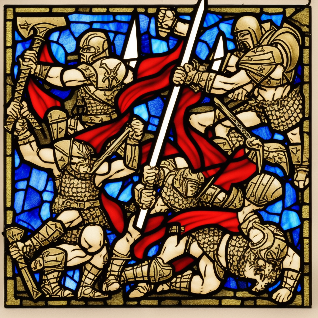 dark medieval, duel of evil gladiator and good gladiator, triumphant young evil gladiator defeating good gladiator with sword and shield, evil, Warhammer fantasy, stained glass, black and red, gold and blue, grim-dark, gritty