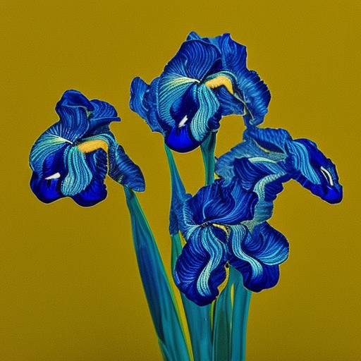 glass, gradient-blue iris flowers, with a uniform thin contour and a faint glow. The background is dark, not bright, with small sequins::5 quantum dot display::5 electric arc::5 blacklight::5 telephoto lens::5 van gogh::5 defocus::-0.5 --ar 21:9 --quality 2 