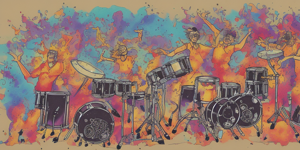 a drawing of Exploding drummers and cosmic keyboardists