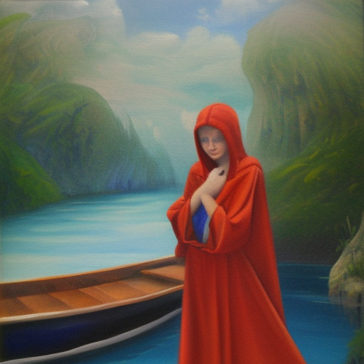 blue robed wizard girl blonde hair on a boat river styx oil painting on canvas