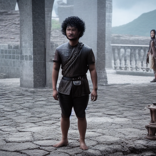a malaysian man wearing shorts with curly hair and glasses in a film still scene from game of thrones, full body shot