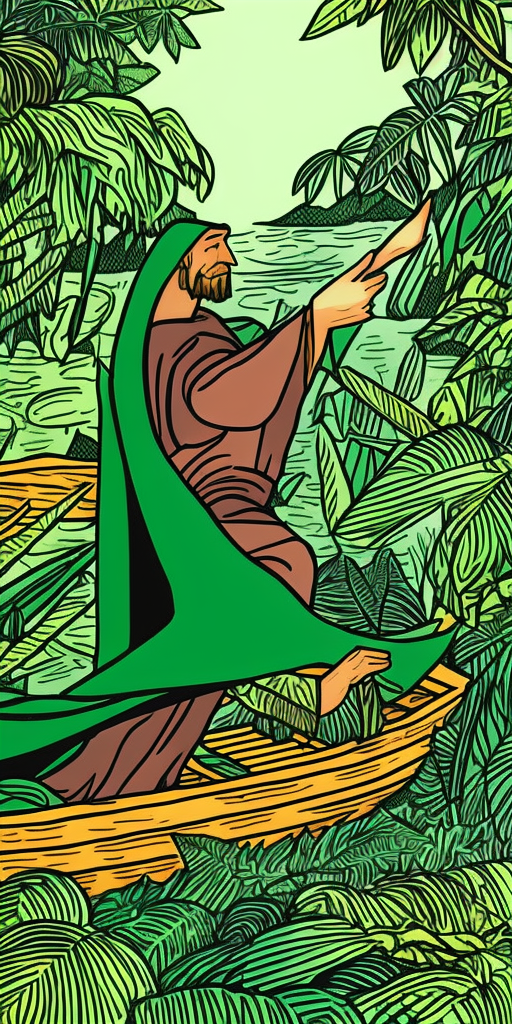 prophet wearing dark green cape standing on a fish in jungle boat dark ,black and green pencil illustration high quality