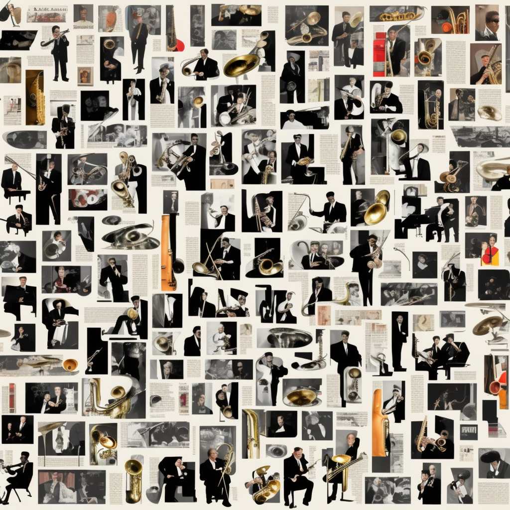 A collage of a jazz band, mid-century modern, made of random shapes cut from magazines and newspapers