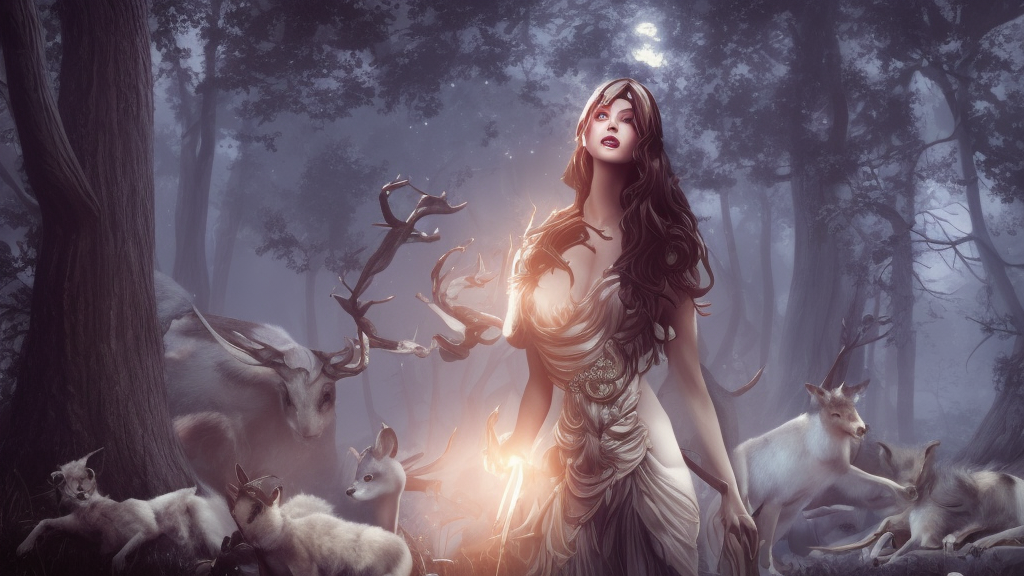 Greek Goddess Artemis in moonlit forest with animals, medium shot portrait by artgerm loish and WLOP, octane render, dynamic lighting, asymmetrical portrait, dark fantasy, cool toned, trending on ArtStation