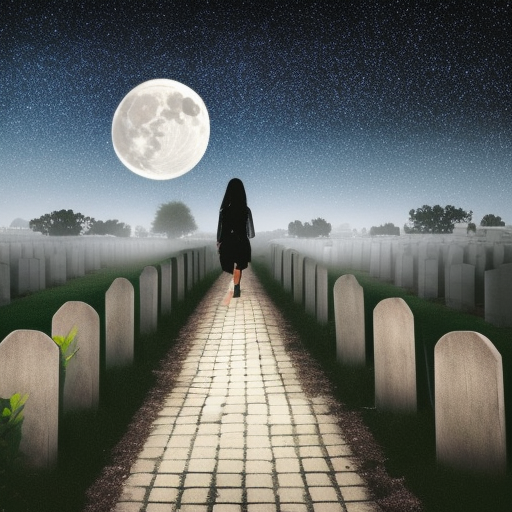 girl walking toward big moon through graveyard path at night