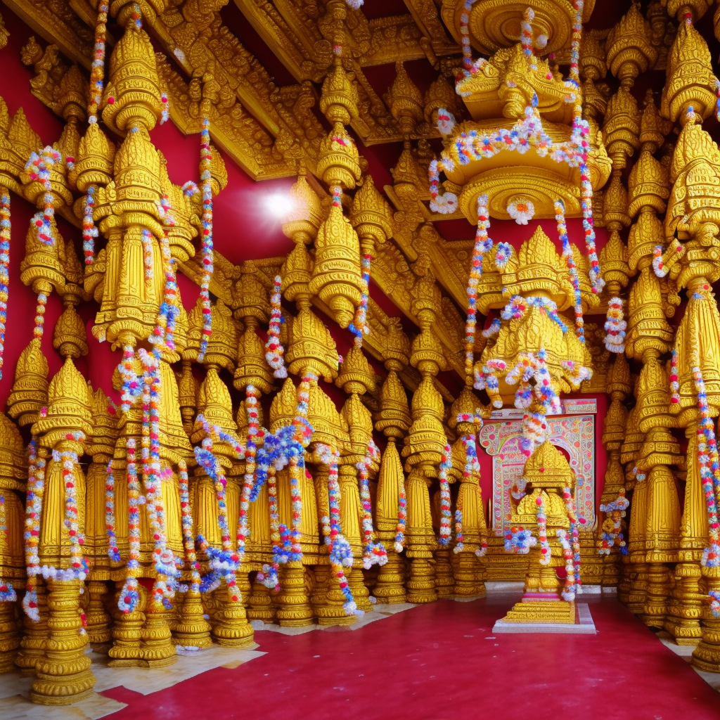 Photo Realistic, Hindu Temple, shrine, Ornate Decorations, decorated with many "Flowers", Natural Lighting, wide angle photography 